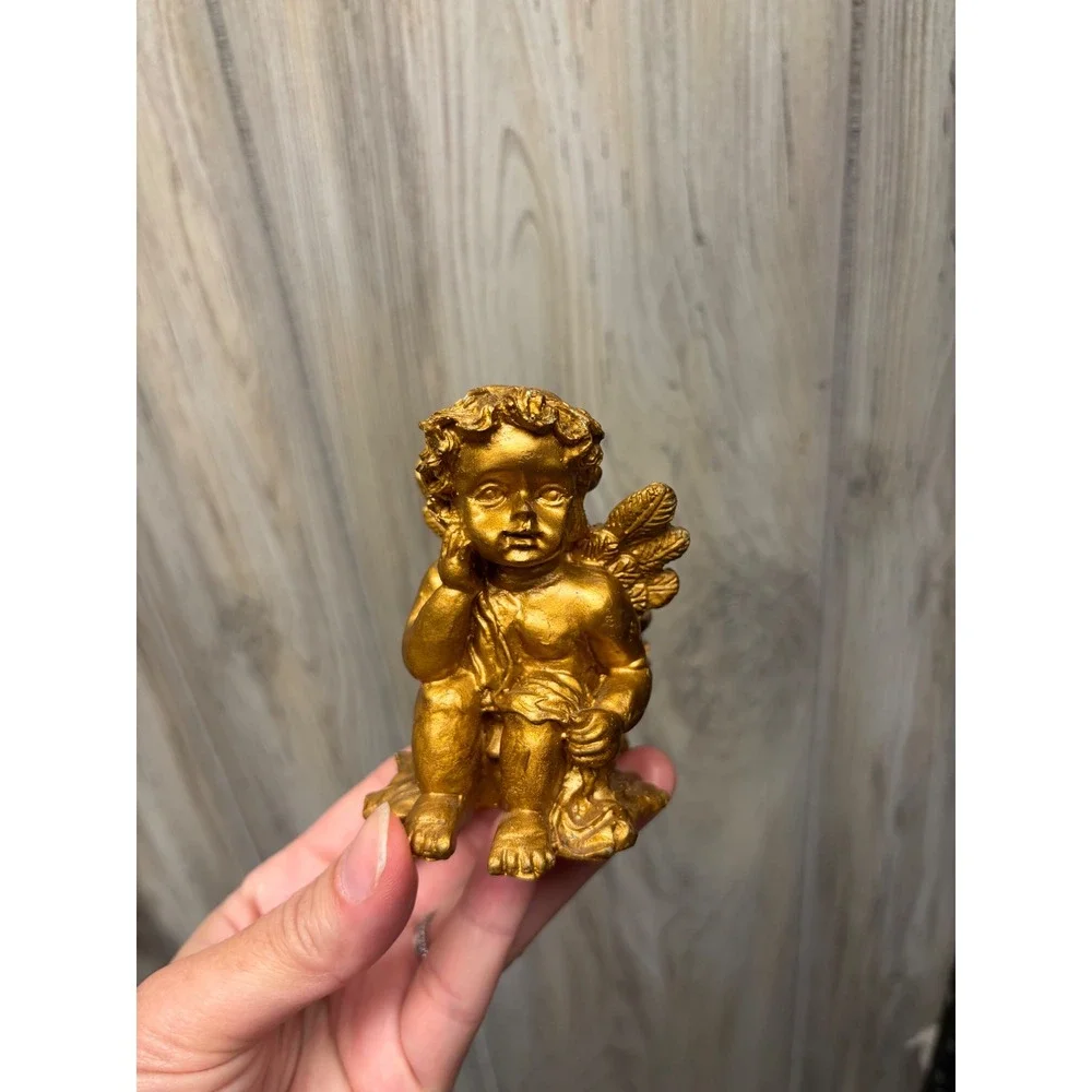 Vintage Gold Cherub Angel Figurine Small Taper Candle Holder Decorative Statue